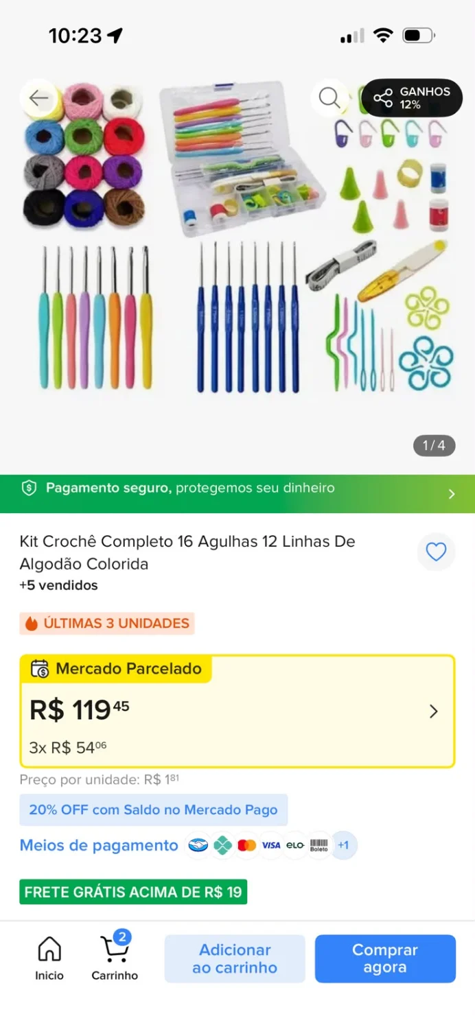Kit de Crochê Completo com 16 Agulhas e 12 Linhas de Algodão Coloridas. - 2