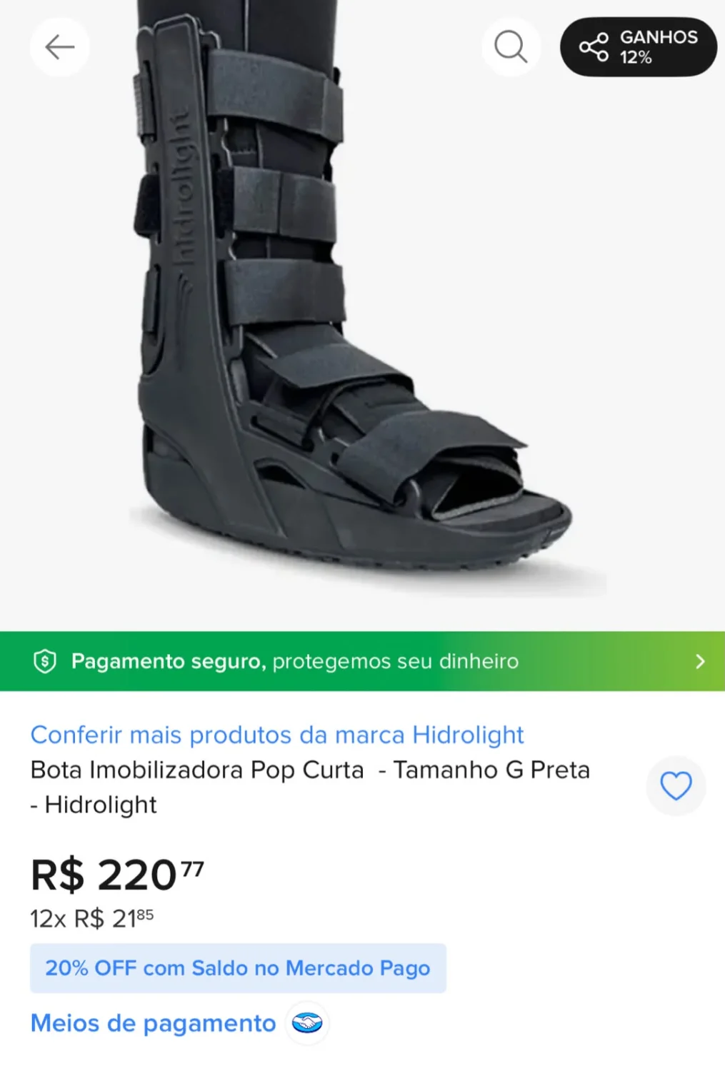 Bota Imobilizadora Pop Curta (Tamanho G, Cor Preta) da marca Hidrolight - 2
